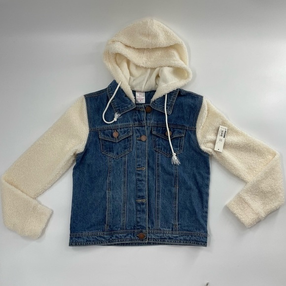 CREAM SHERPA SLEEVE HOODED BLUE DENIM JACKET NWT - Picture 2 of 9